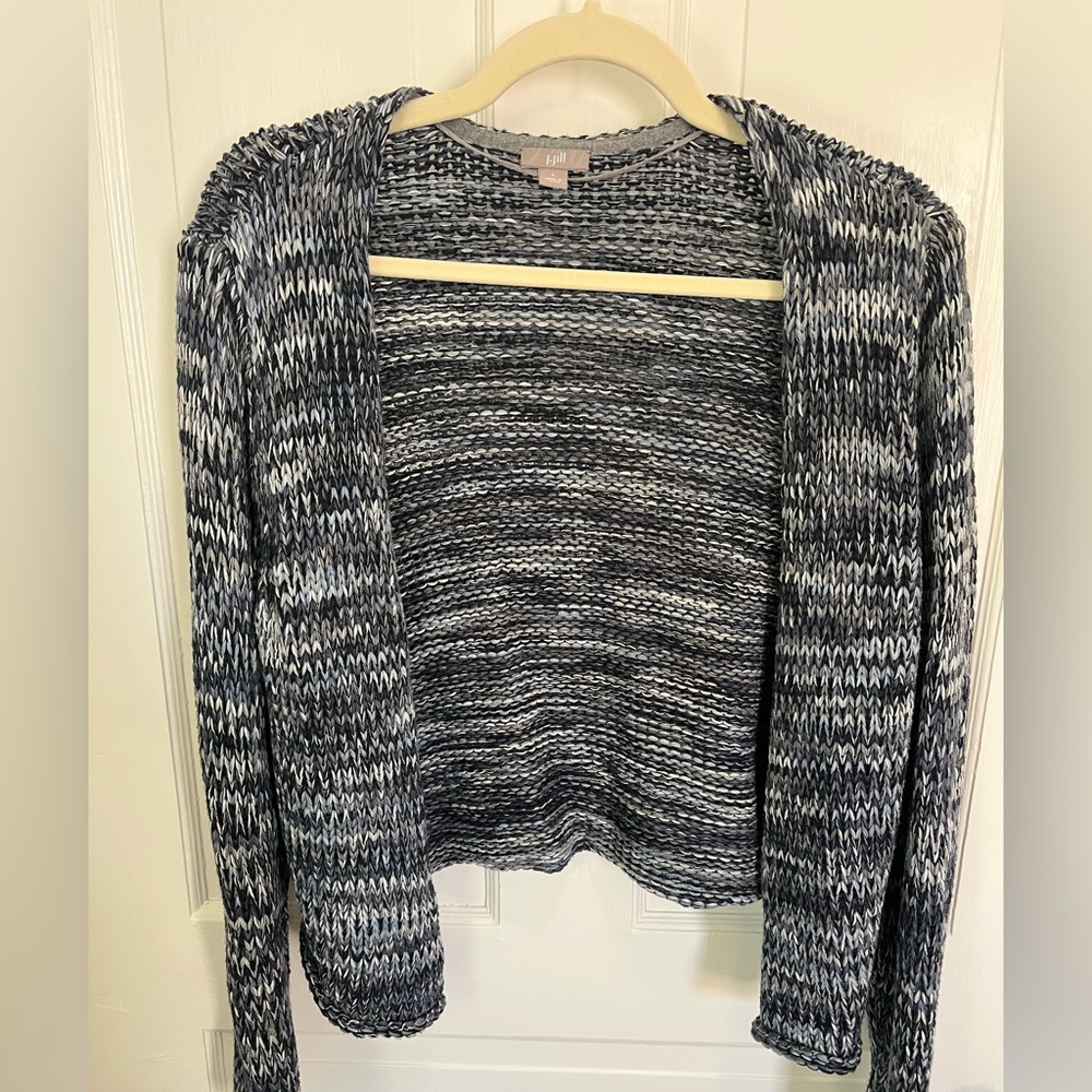 J. Jill Sz L 100% Cotton Marled Blue, Gray and White Cropped Open-Front Cardigan
